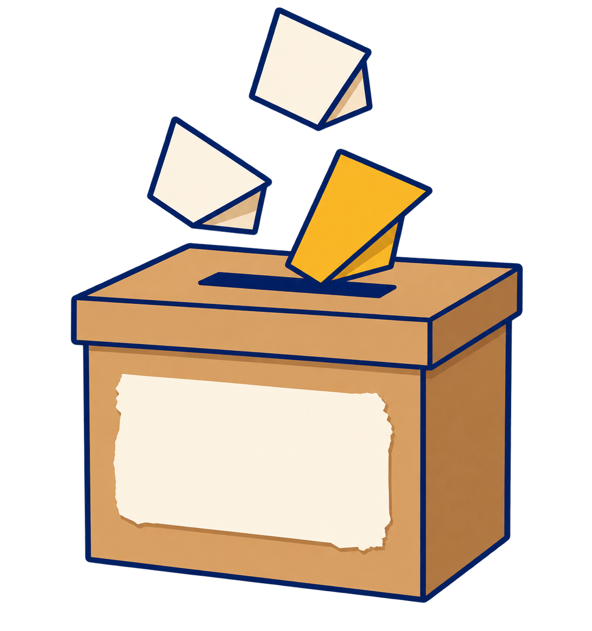 A cardboard suggestion box with folded paper notes going into the slot in the top
